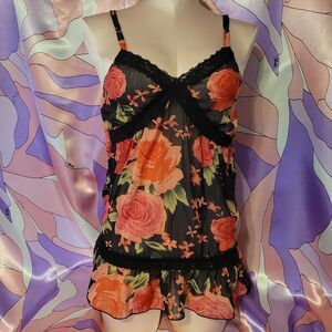 Camisole Lace Sheer Top Size Small Agejo Gyaru Gal Y2K Style Floral Black Pink